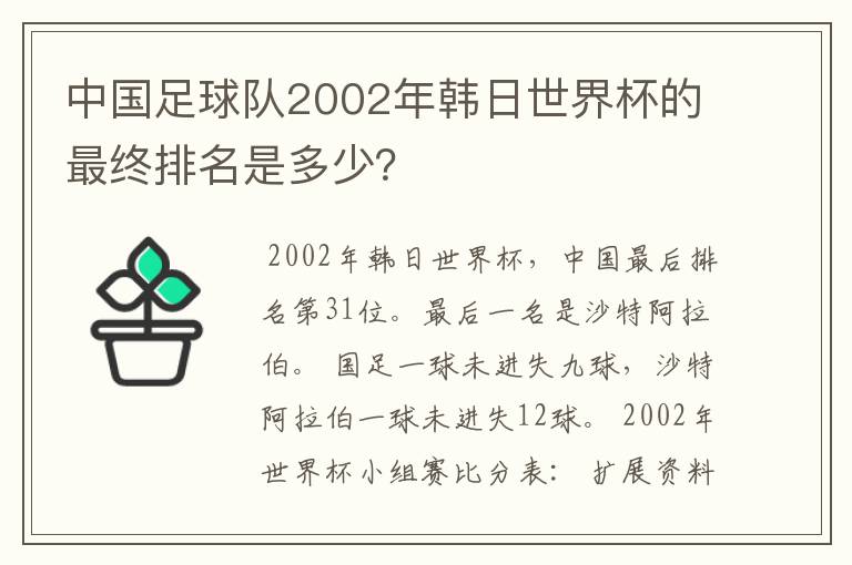 中国足球队2002年韩日世界杯的最终排名是多少?