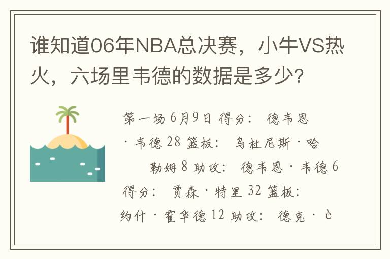 谁知道06年NBA总决赛,小牛VS热火,六场里韦德的数据是多少?