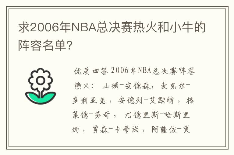 求2006年NBA总决赛热火和小牛的阵容名单?
