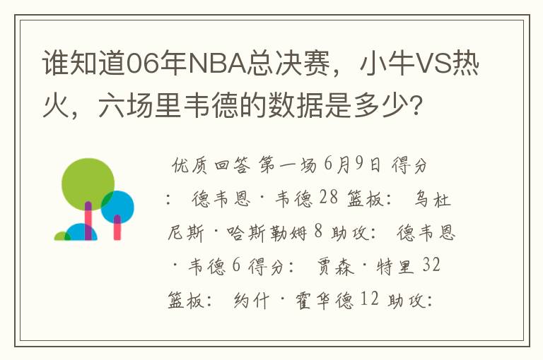 谁知道06年NBA总决赛,小牛VS热火,六场里韦德的数据是多少?