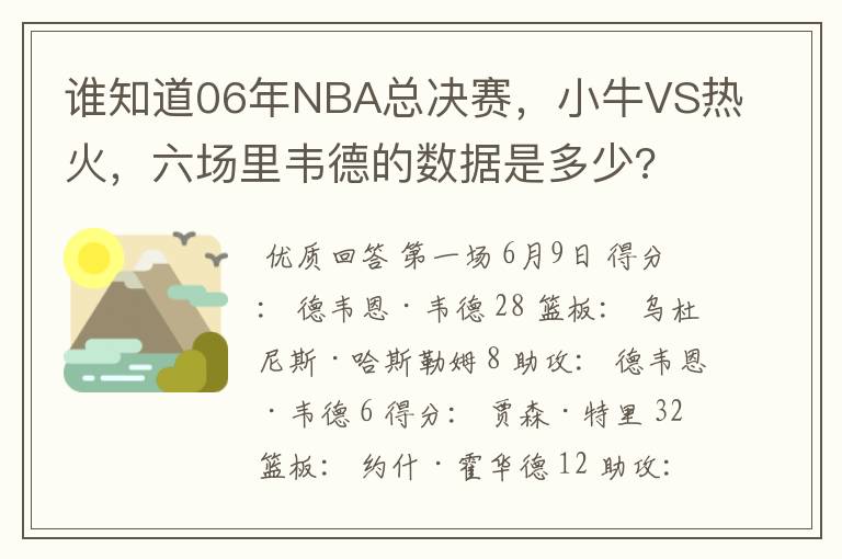 谁知道06年NBA总决赛,小牛VS热火,六场里韦德的数据是多少?