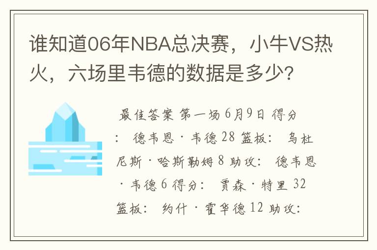谁知道06年NBA总决赛,小牛VS热火,六场里韦德的数据是多少?