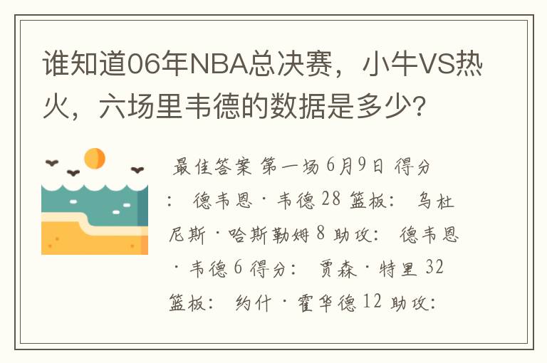 谁知道06年NBA总决赛,小牛VS热火,六场里韦德的数据是多少?