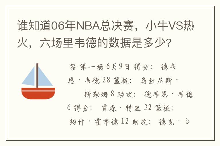 谁知道06年NBA总决赛,小牛VS热火,六场里韦德的数据是多少?
