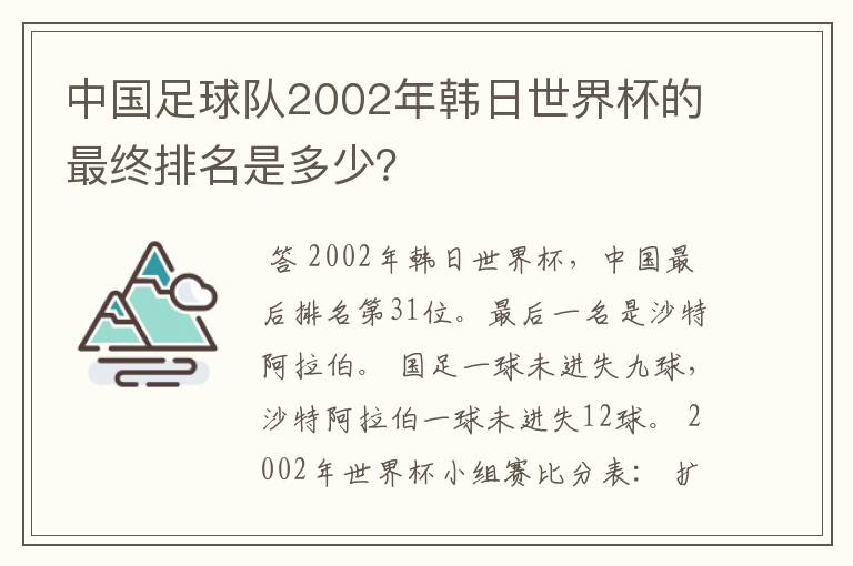 中国足球队2002年韩日世界杯的最终排名是多少?