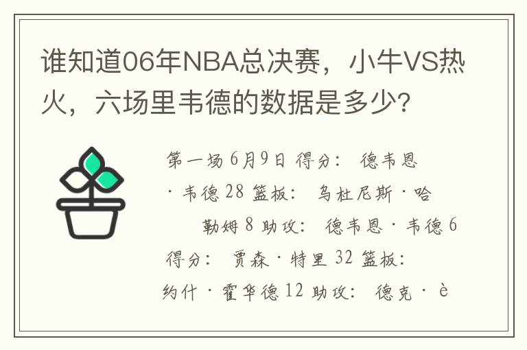 谁知道06年NBA总决赛,小牛VS热火,六场里韦德的数据是多少?