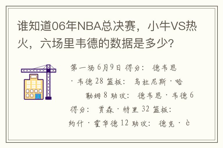 谁知道06年NBA总决赛,小牛VS热火,六场里韦德的数据是多少?