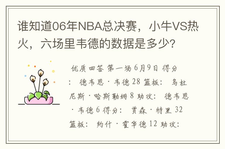 谁知道06年NBA总决赛,小牛VS热火,六场里韦德的数据是多少?