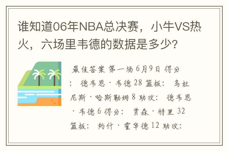 谁知道06年NBA总决赛,小牛VS热火,六场里韦德的数据是多少?