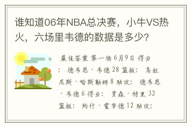 谁知道06年NBA总决赛,小牛VS热火,六场里韦德的数据是多少?