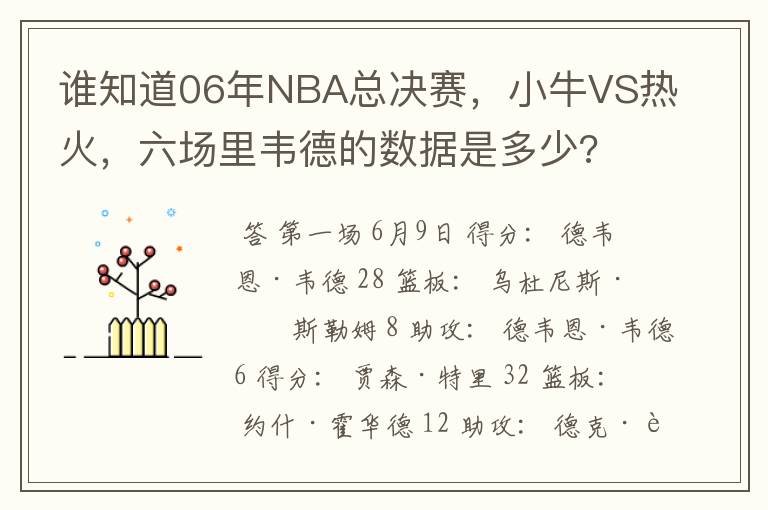 谁知道06年NBA总决赛,小牛VS热火,六场里韦德的数据是多少?