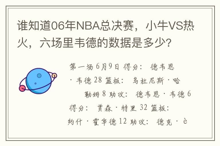 谁知道06年NBA总决赛,小牛VS热火,六场里韦德的数据是多少?