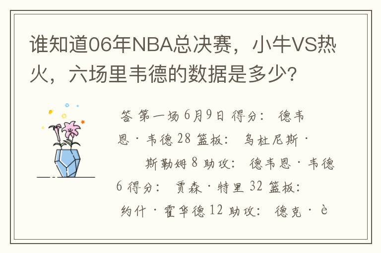 谁知道06年NBA总决赛,小牛VS热火,六场里韦德的数据是多少?