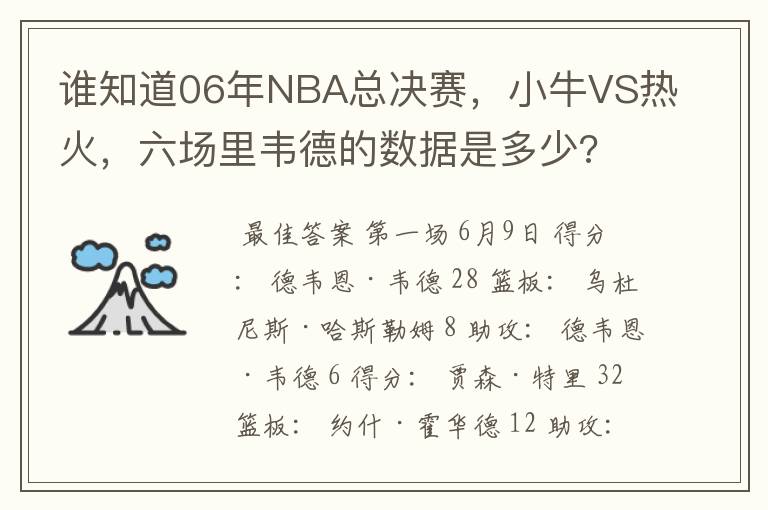 谁知道06年NBA总决赛,小牛VS热火,六场里韦德的数据是多少?