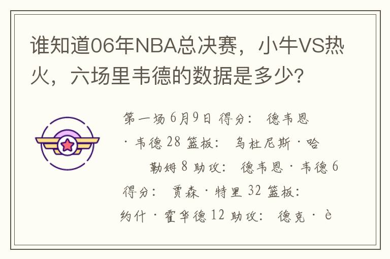 谁知道06年NBA总决赛,小牛VS热火,六场里韦德的数据是多少?