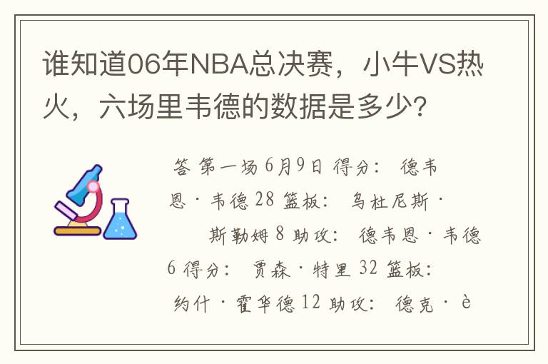 谁知道06年NBA总决赛,小牛VS热火,六场里韦德的数据是多少?