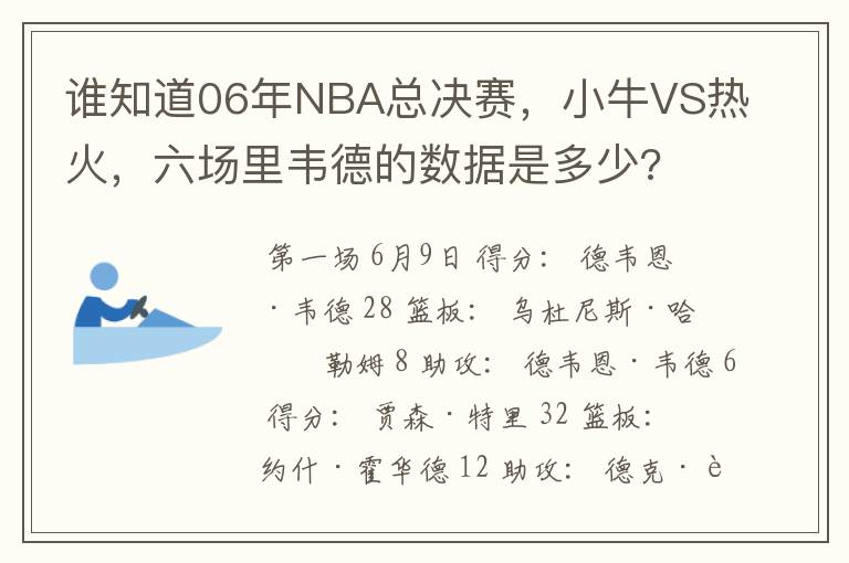 谁知道06年NBA总决赛,小牛VS热火,六场里韦德的数据是多少?