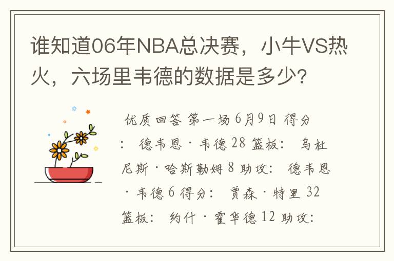 谁知道06年NBA总决赛,小牛VS热火,六场里韦德的数据是多少?