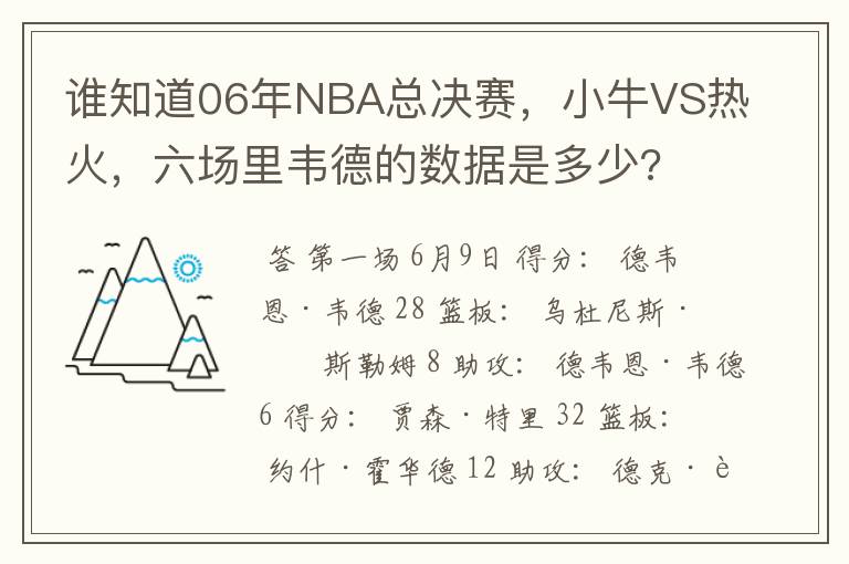 谁知道06年NBA总决赛,小牛VS热火,六场里韦德的数据是多少?