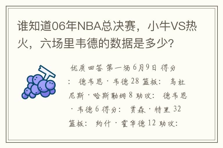 谁知道06年NBA总决赛,小牛VS热火,六场里韦德的数据是多少?