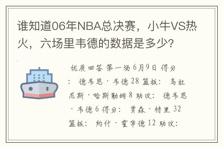 谁知道06年NBA总决赛,小牛VS热火,六场里韦德的数据是多少?