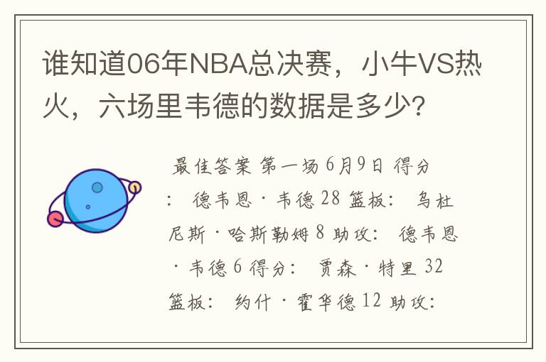 谁知道06年NBA总决赛,小牛VS热火,六场里韦德的数据是多少?