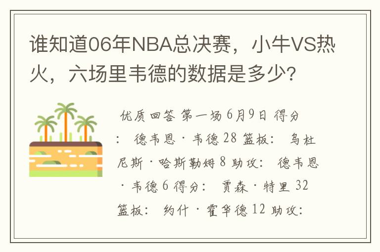 谁知道06年NBA总决赛,小牛VS热火,六场里韦德的数据是多少?