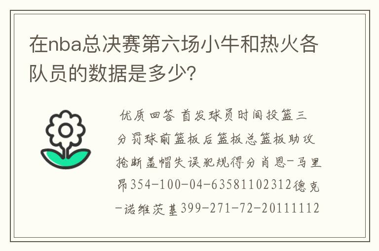 在nba总决赛第六场小牛和热火各队员的数据是多少?