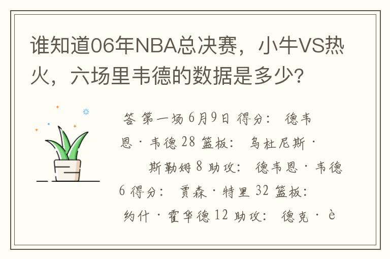 谁知道06年NBA总决赛,小牛VS热火,六场里韦德的数据是多少?
