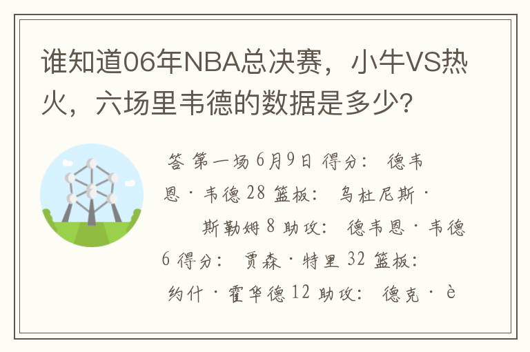 谁知道06年NBA总决赛,小牛VS热火,六场里韦德的数据是多少?