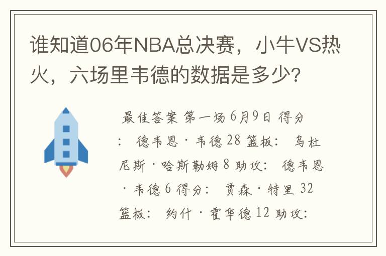 谁知道06年NBA总决赛,小牛VS热火,六场里韦德的数据是多少?
