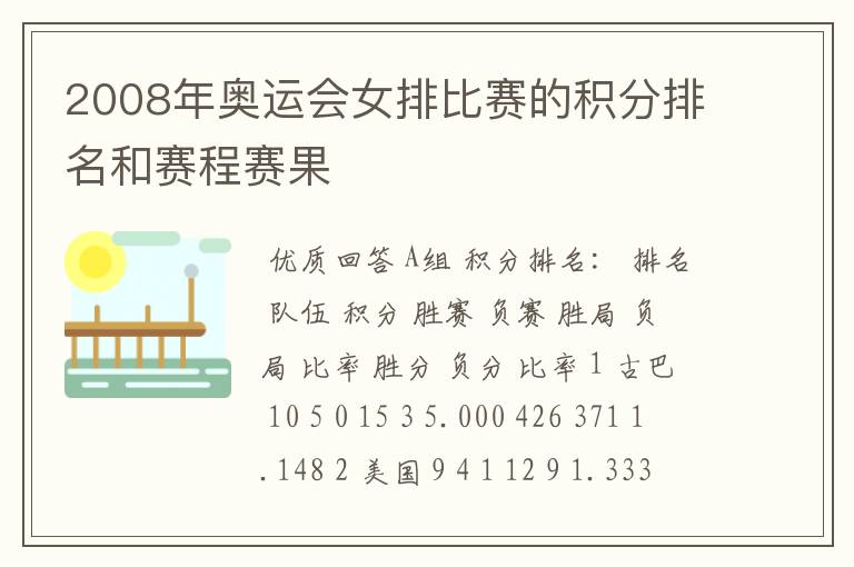2008年奥运会女排比赛的积分排名和赛程赛果