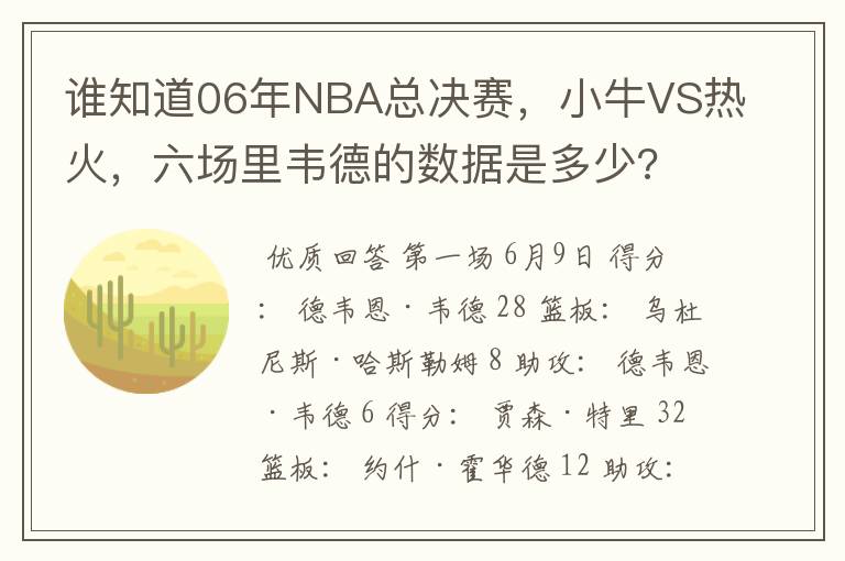 谁知道06年NBA总决赛,小牛VS热火,六场里韦德的数据是多少?