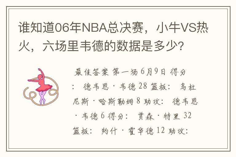 谁知道06年NBA总决赛,小牛VS热火,六场里韦德的数据是多少?