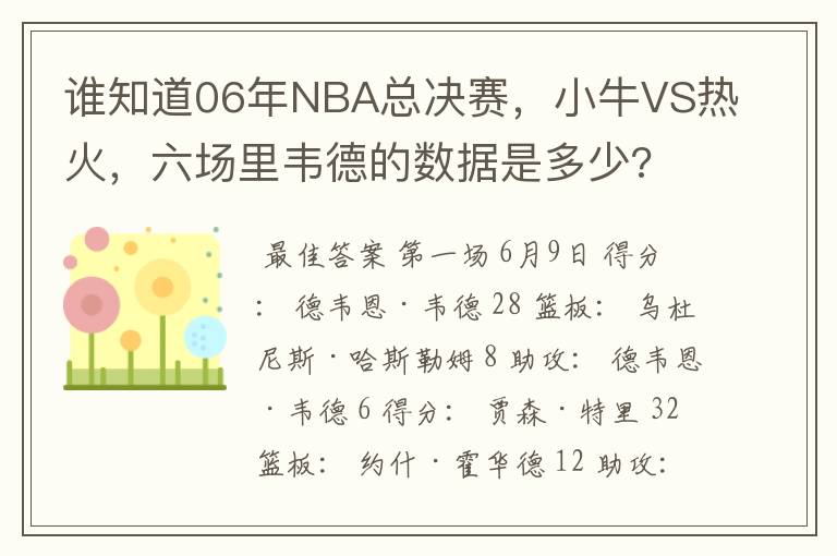 谁知道06年NBA总决赛,小牛VS热火,六场里韦德的数据是多少?