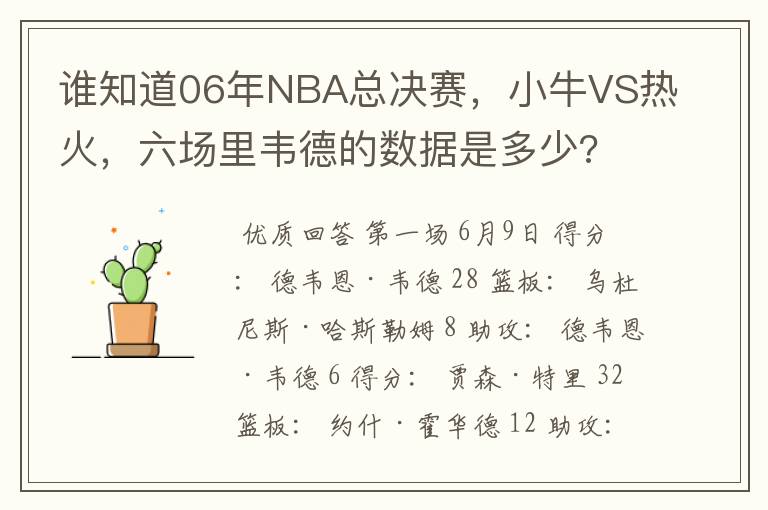谁知道06年NBA总决赛,小牛VS热火,六场里韦德的数据是多少?