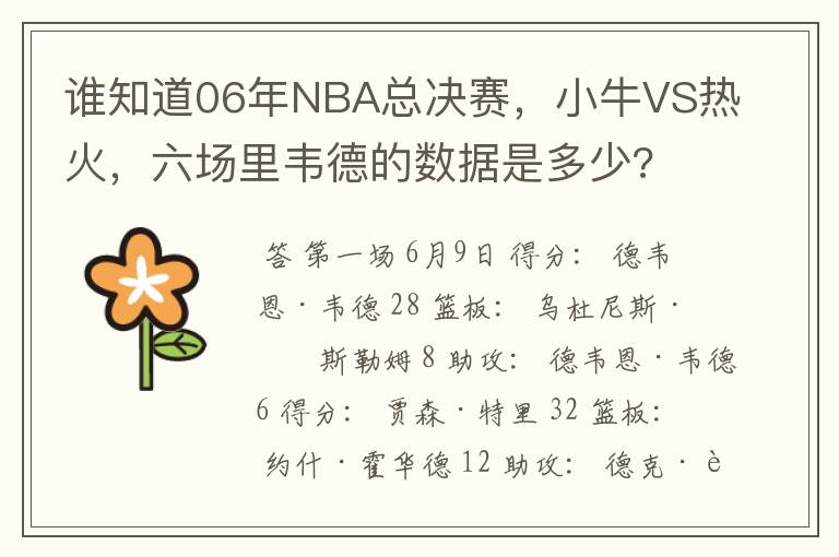 谁知道06年NBA总决赛,小牛VS热火,六场里韦德的数据是多少?