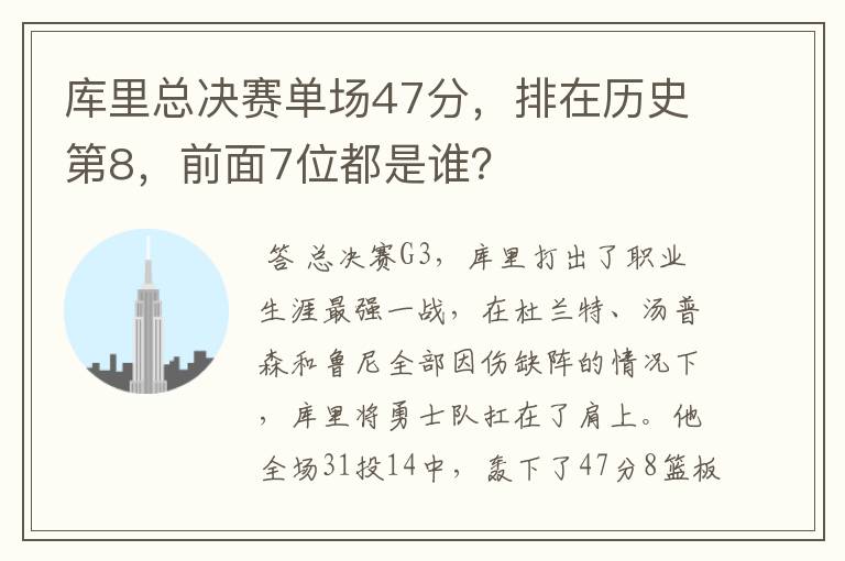 库里总决赛单场47分,排在历史第8,前面7位都是谁?