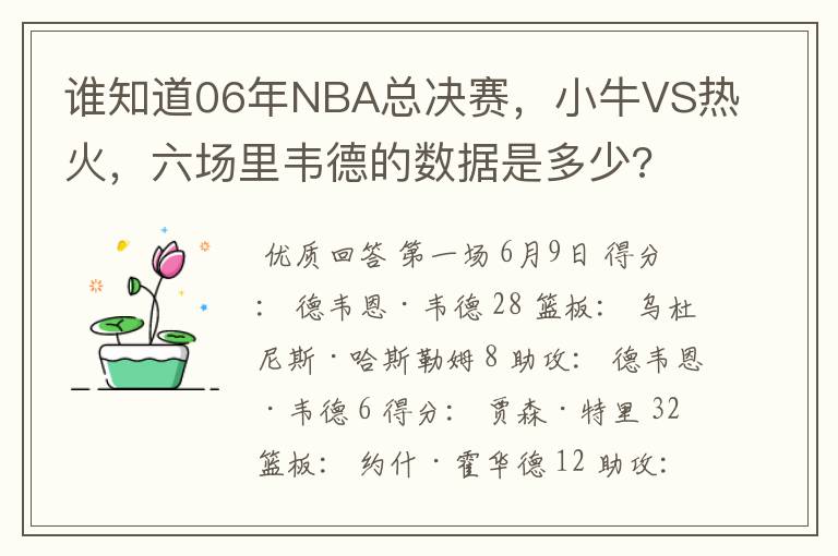 谁知道06年NBA总决赛,小牛VS热火,六场里韦德的数据是多少?