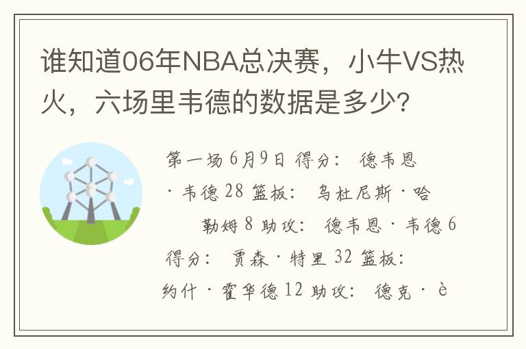 谁知道06年NBA总决赛,小牛VS热火,六场里韦德的数据是多少?