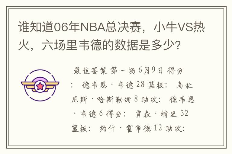 谁知道06年NBA总决赛,小牛VS热火,六场里韦德的数据是多少?