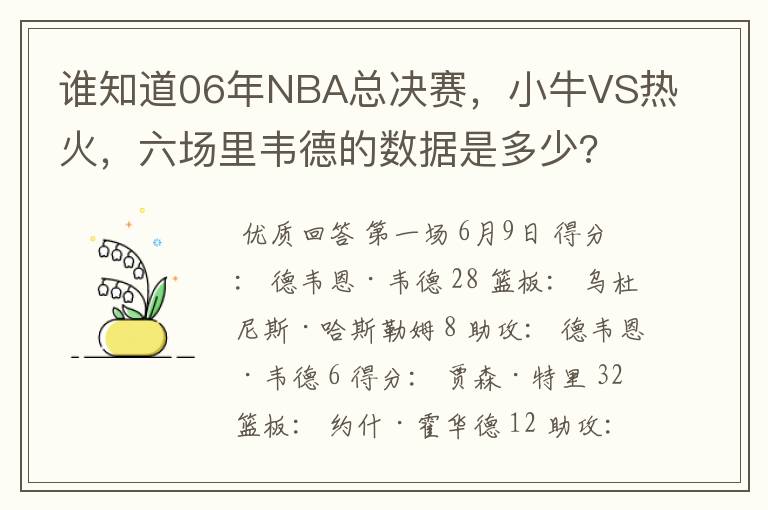 谁知道06年NBA总决赛,小牛VS热火,六场里韦德的数据是多少?