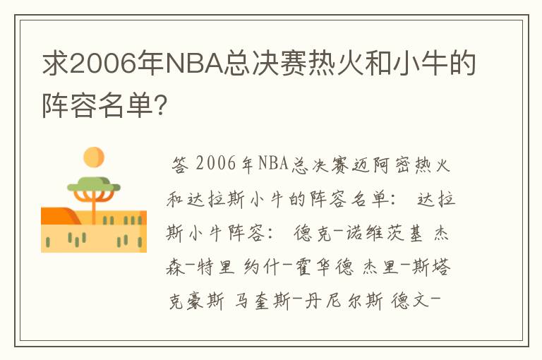 求2006年NBA总决赛热火和小牛的阵容名单？