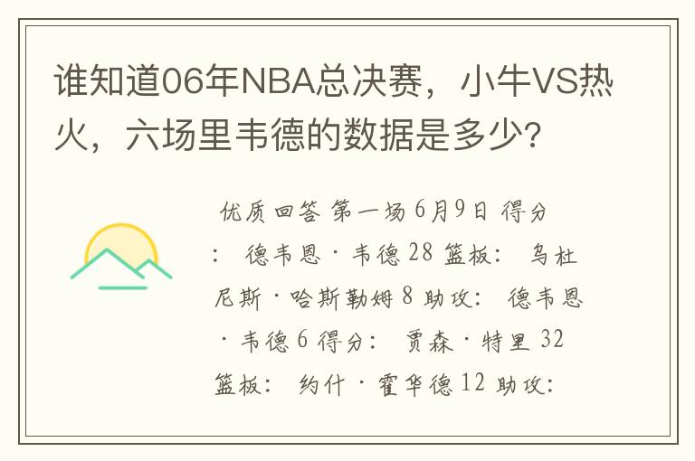 谁知道06年NBA总决赛,小牛VS热火,六场里韦德的数据是多少?
