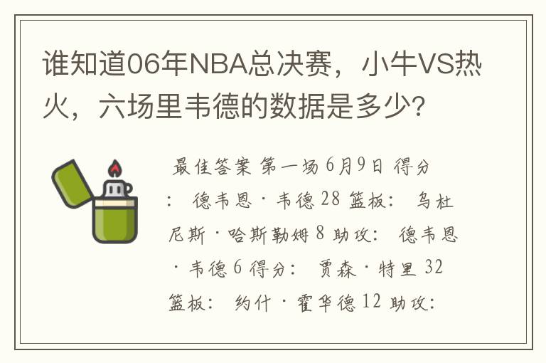 谁知道06年NBA总决赛,小牛VS热火,六场里韦德的数据是多少?