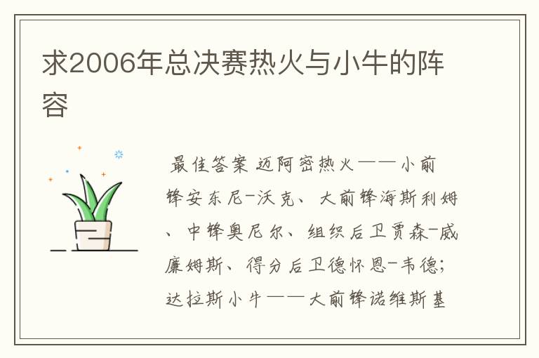 求2006年总决赛热火与小牛的阵容