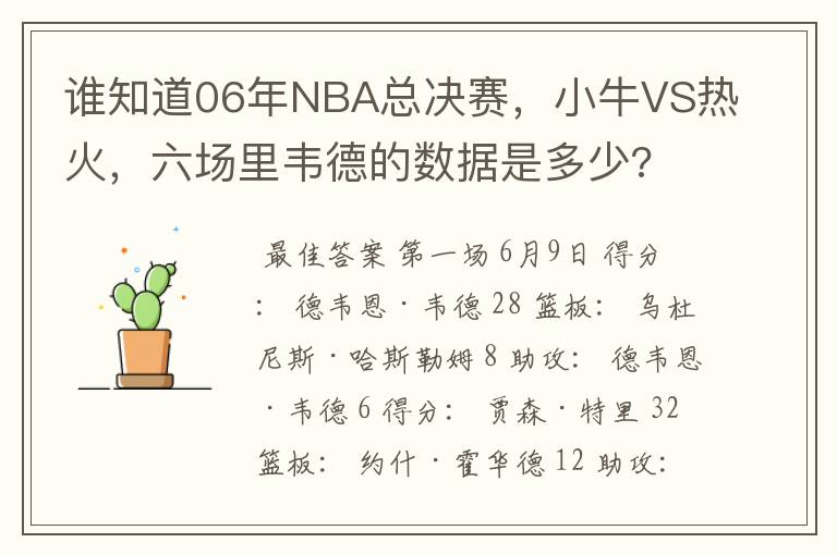 谁知道06年NBA总决赛,小牛VS热火,六场里韦德的数据是多少?