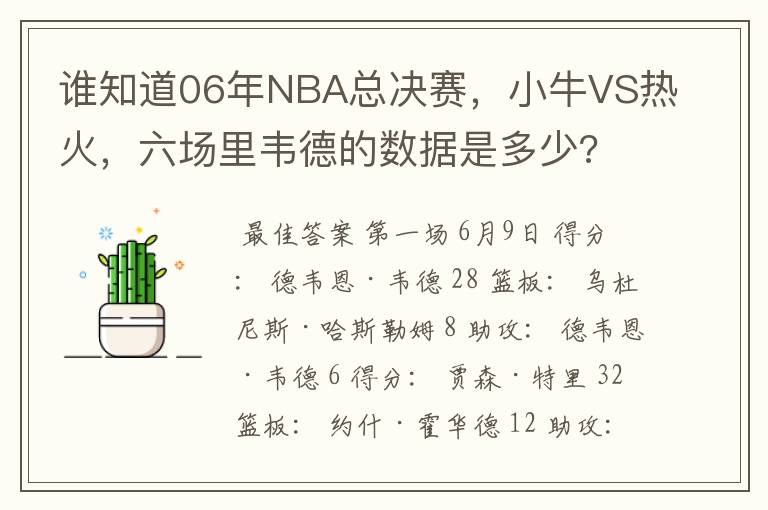 谁知道06年NBA总决赛,小牛VS热火,六场里韦德的数据是多少?