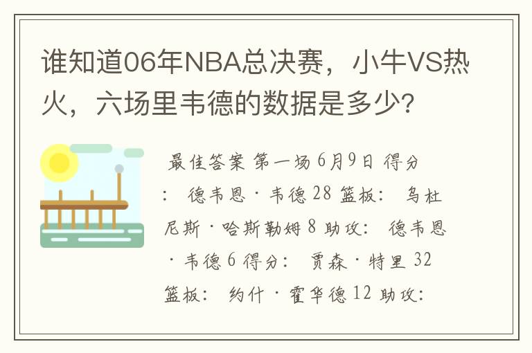 谁知道06年NBA总决赛,小牛VS热火,六场里韦德的数据是多少?