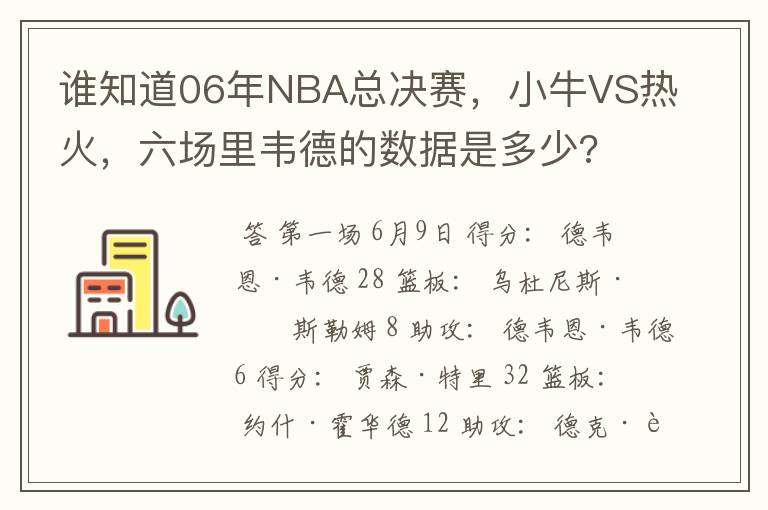 谁知道06年NBA总决赛,小牛VS热火,六场里韦德的数据是多少?